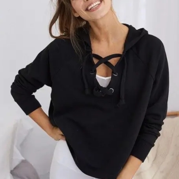 aerie Tops - Aerie Black Oversized Lace Up Neckline Crop Hoodie Fall Sweatshirt Large